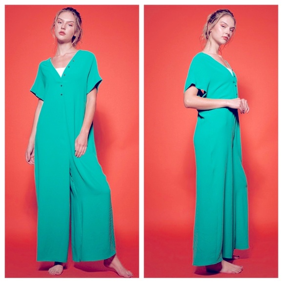 03 Boho Absolutely Fabulous Short Sleeve Wide Leg Button Front Jumpsuit - Picture 5 of 5